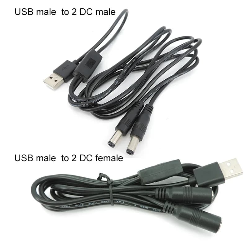 1m 22awg 3A USB 2.0 male to 2 way DC male Female Male Splitter Cable plug 5.5x2.5mm Power supply Cord adapter Connector Strip C1