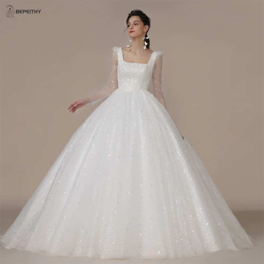 BEPEITHY Customized Shinny Square Bride Wedding Dresses For Women Long Sleeves Glitter Open Back Bridal Modern Ball Gown 2023