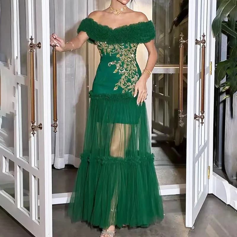 Long Sparkle Beads Evening Dresses for Women Off the Shoulder Floor-Length A-Line Prom Wedding Guest Special Events Gala 2023