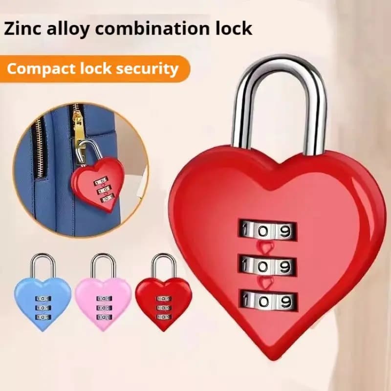 Mini metal 3-digit code lock heart shape suitcase padlock room locker safety lock outdoor backpack love padlock