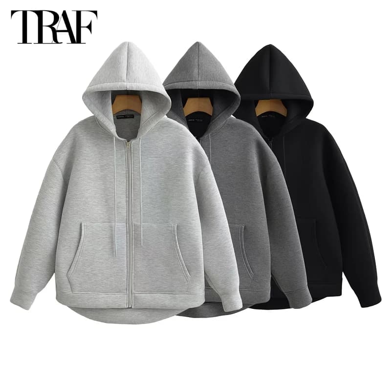 TRAF 2024 Zip up Hoodies Women Autumn Hooded Sweatshirt Woman Long Sleeve Oversized Women's Sweatshirts Zip Hoodie Women Jackets