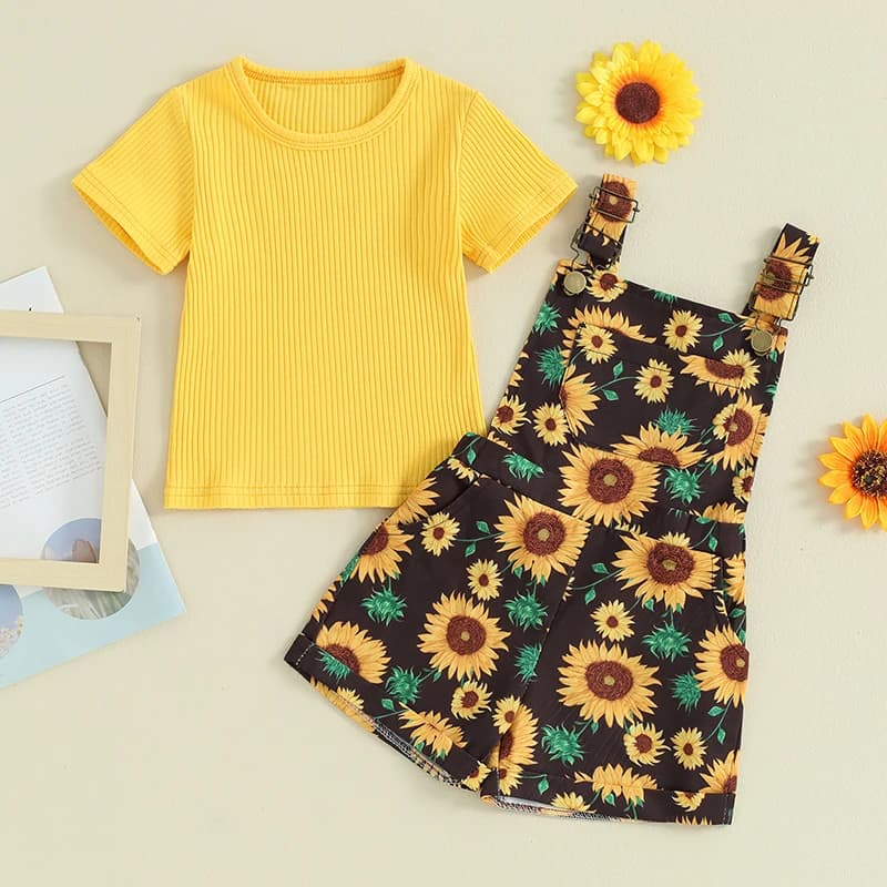 2PCS Baby Girls Summer Outfits Short Sleeve Ribbed Tops Sunflower Suspender Shorts Set Toddler Clothes
