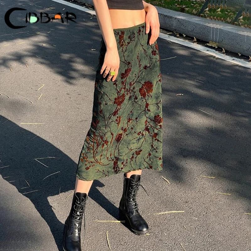 CIBBAR Harajuku Floral Print Long Skirt Vintage Low Rise Straight Midi Skirts for Women Spring Summer All-match Skirt Ladies Y2k