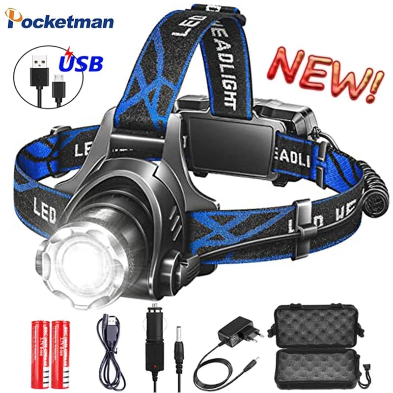 LED Headlight Zoomable Headlamp DC Rechargeable Head Lamp Waterproof Head Flashlight 18650 for Emergency Camping Hiking