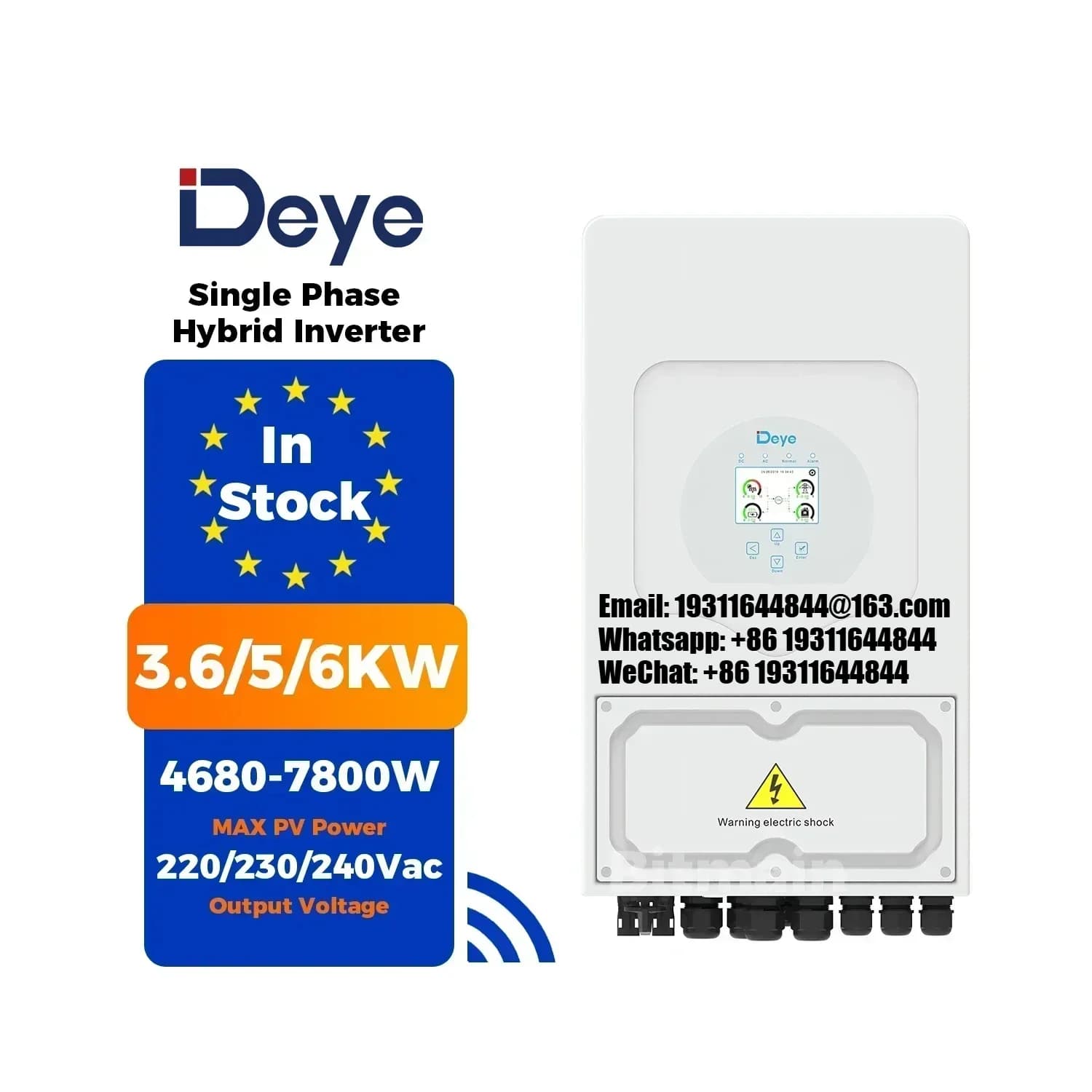 Deye EU In Stock SUN-6K-SG03LP1-EU Pure Sine Wave Wifi & 4G 220/230Vac 1 Phase 3.6KW 5KW 6KW Solar Hybrid Inverter For Home