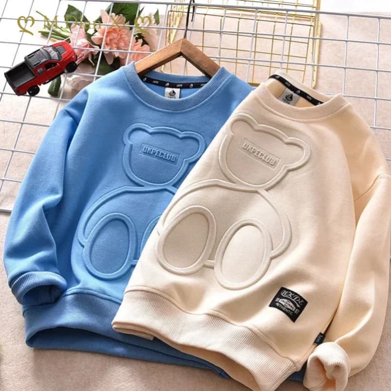 New Spring Autumn Steel Print Bear Sweatshirt Boys Clothes Teenagers Long Sleeve Pullovers Girls Kids Cotton Tops Anime Hoodie