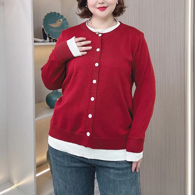 Plus Size Women Sweater Autumn Winter New Round Neck Fashion Fake Two Pieces Pullover Simple Jumpers 670