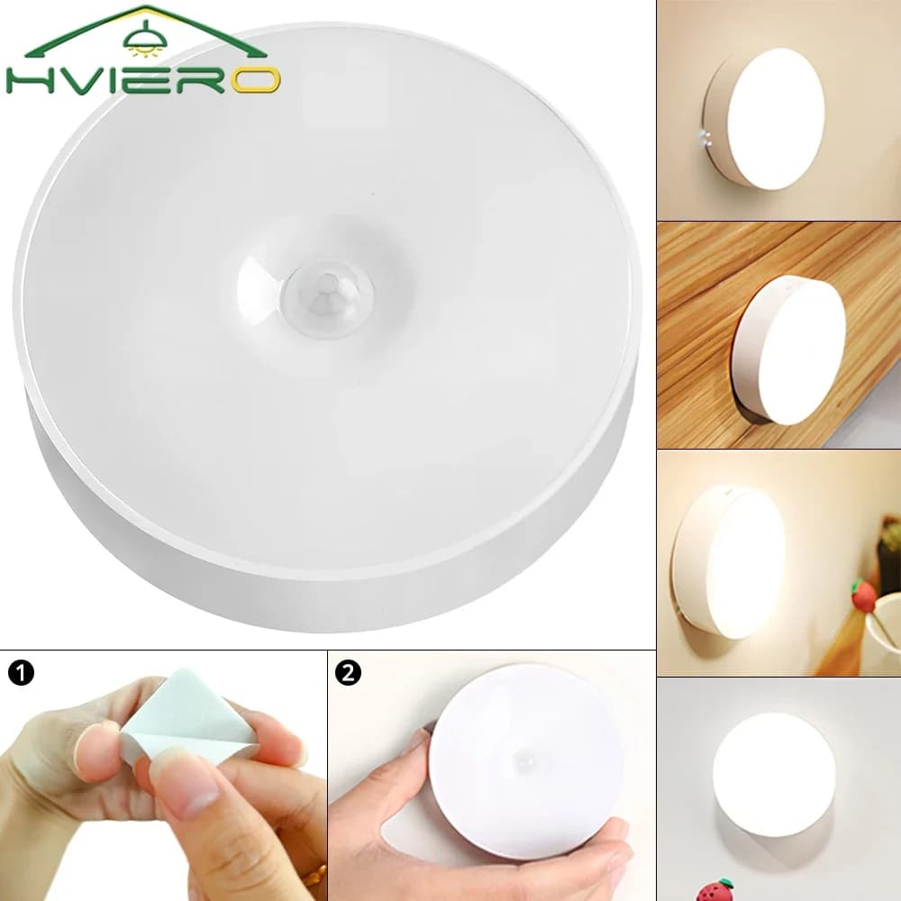 Wireless Motion Sensor Night Light Bedroom 8LED Detector Wall Decoration Round Lamp Staircase Closet Room Bedside Wardrobe Bulbs
