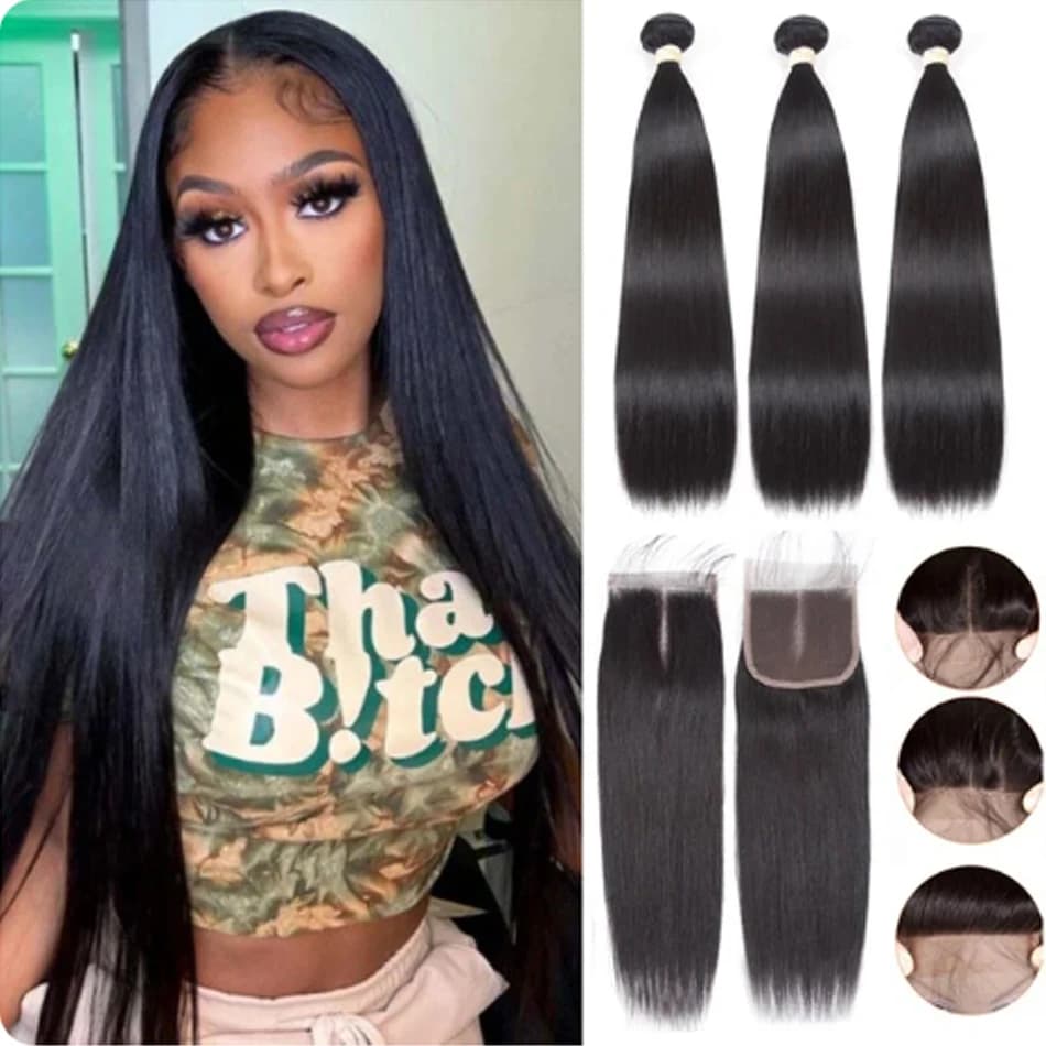 Bone Straight Virgin 100% Human Hair Bundles With Frontal HD Lace Brazilian 3/4 Bundles With Closure Human Hair Weave Extensions