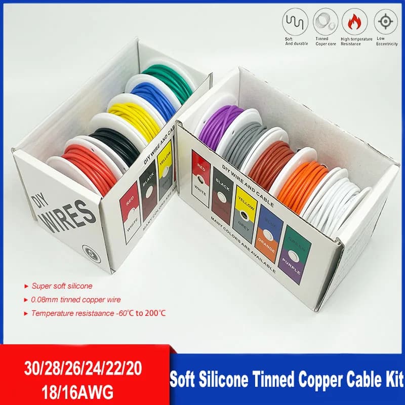 Heat Resistant Flexible Silicone Wire 30AWG 28AWG 26AWG 24 22 20AWG 18AWG 16AWG Stranded Tinned Copper Wire, 5 Colour Mixed Set