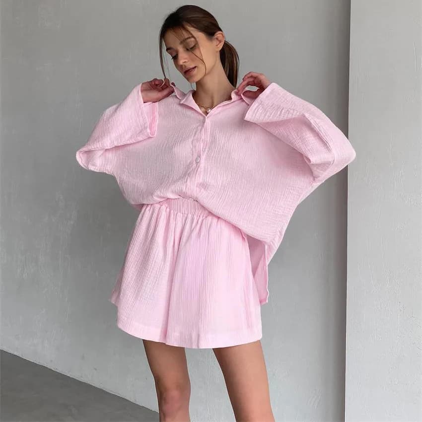 Women's Home Clothes Shorts Sets Loungewear Loose Pajamas Long Sleeve Sleepwear Cotton Linen Street Wear Casual 2023 Spring