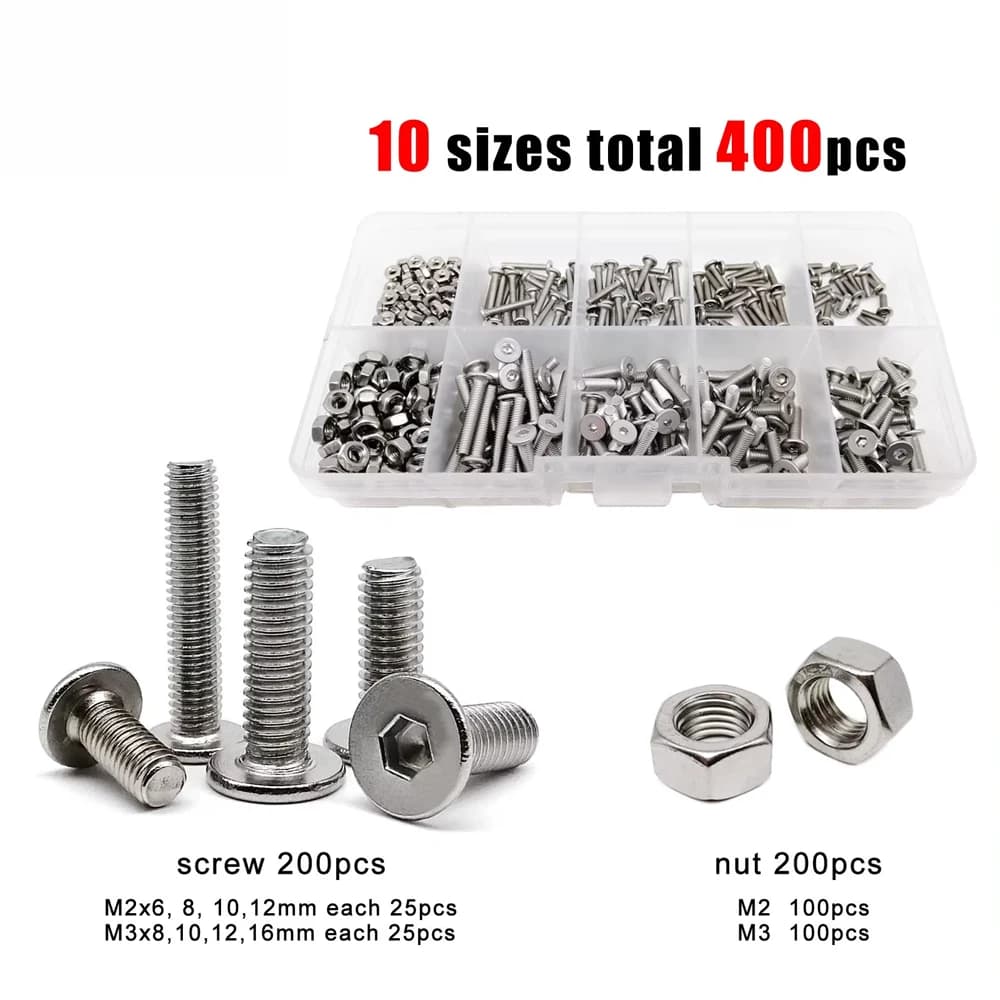 400pcs/box M2 M3 Allen Hexagon Hex Socket Ultra Thin Flat Wafer Head Screw Bolt Nut Assortment Kit Set 304 A2-70 Stainless Steel