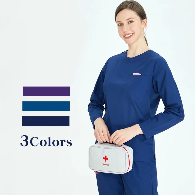 Durable Crew Neck Scrub Uniforms for Women Men Hospital Workwear Nursing Scrub Sets Dark Navy Poplin Fabric Doctor Outfit 205