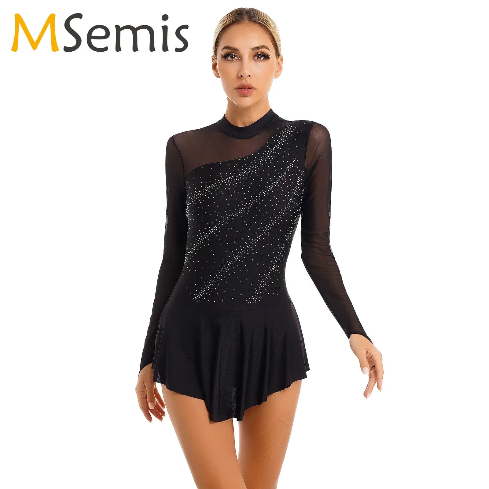 Women Sparkly Rhinestone Gymnastics Leotard Figure Ice Skating Dress Long Sleeve Ballet Dress Stage Performance Dancewear Costum