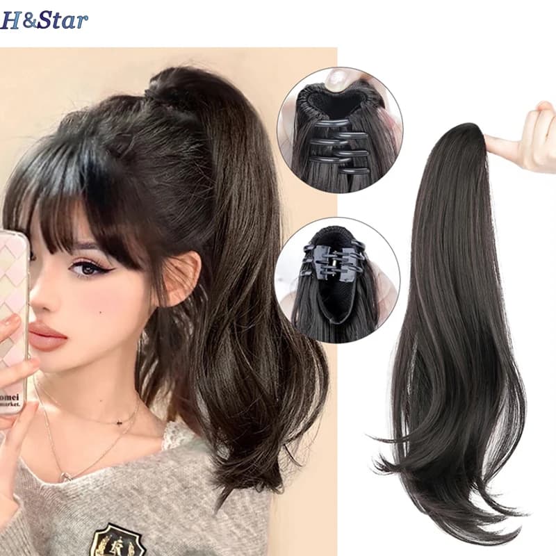 H&STAR 16Inch Synthetic Slightly Upturned Straight Ponytail Claw Clip In Hair Extension Sweet Cute Ponytail Hairpiece for Women