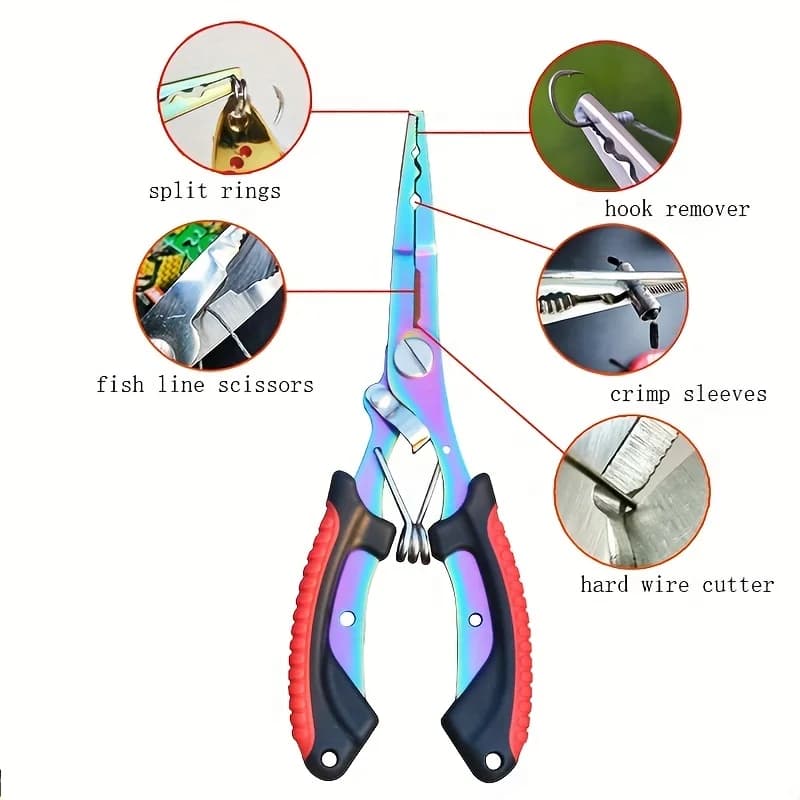 1pcMulti-Functional Fishing Pliers & Gripper - Stainless Steel Hooks, Cutters & Sheath - Lanyard Included!