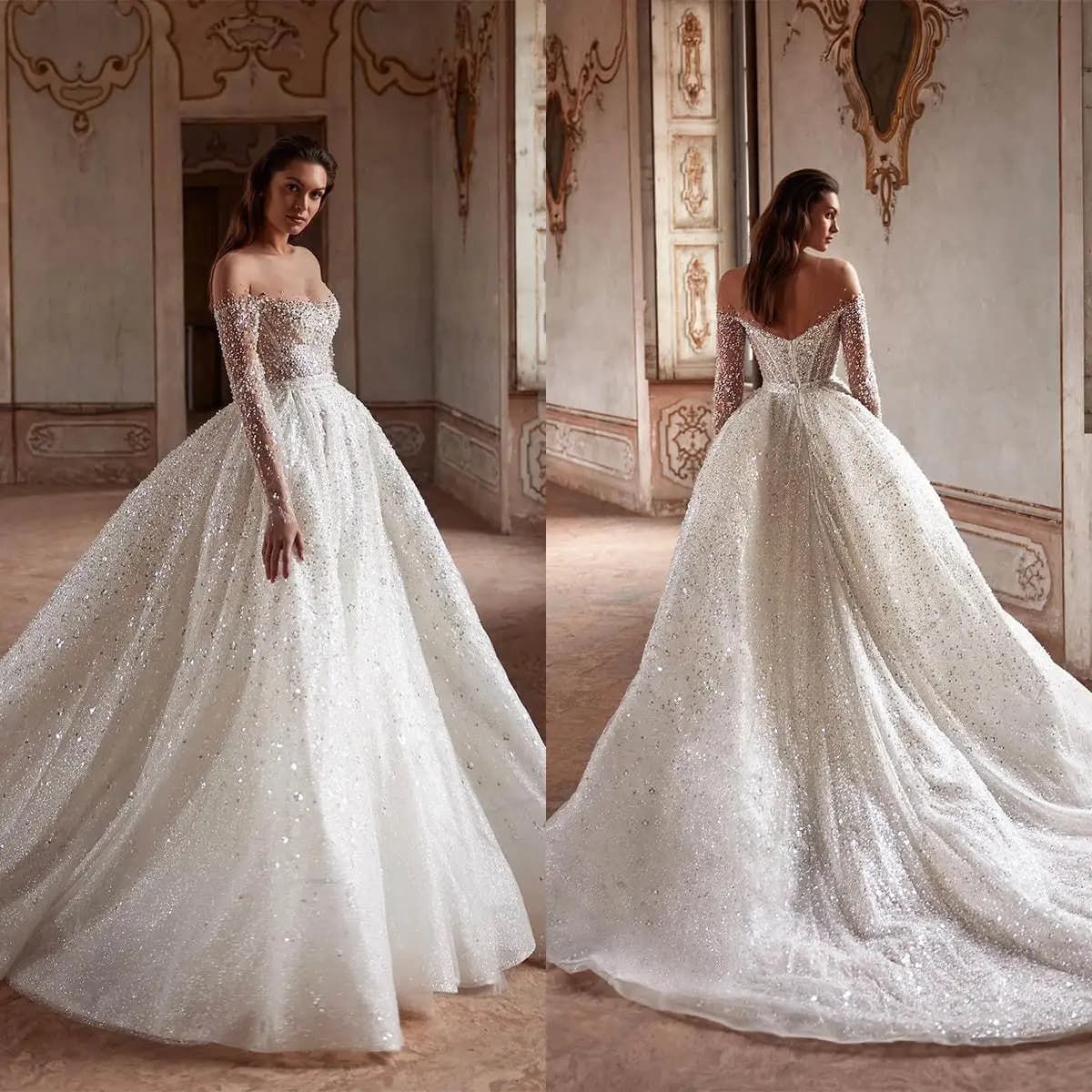 Luxury A Line Wedding Dress Appliques Pearls Beaded Sequined O Neck Bride Gown Beading Long Sleeve Bridal Dresses Customized