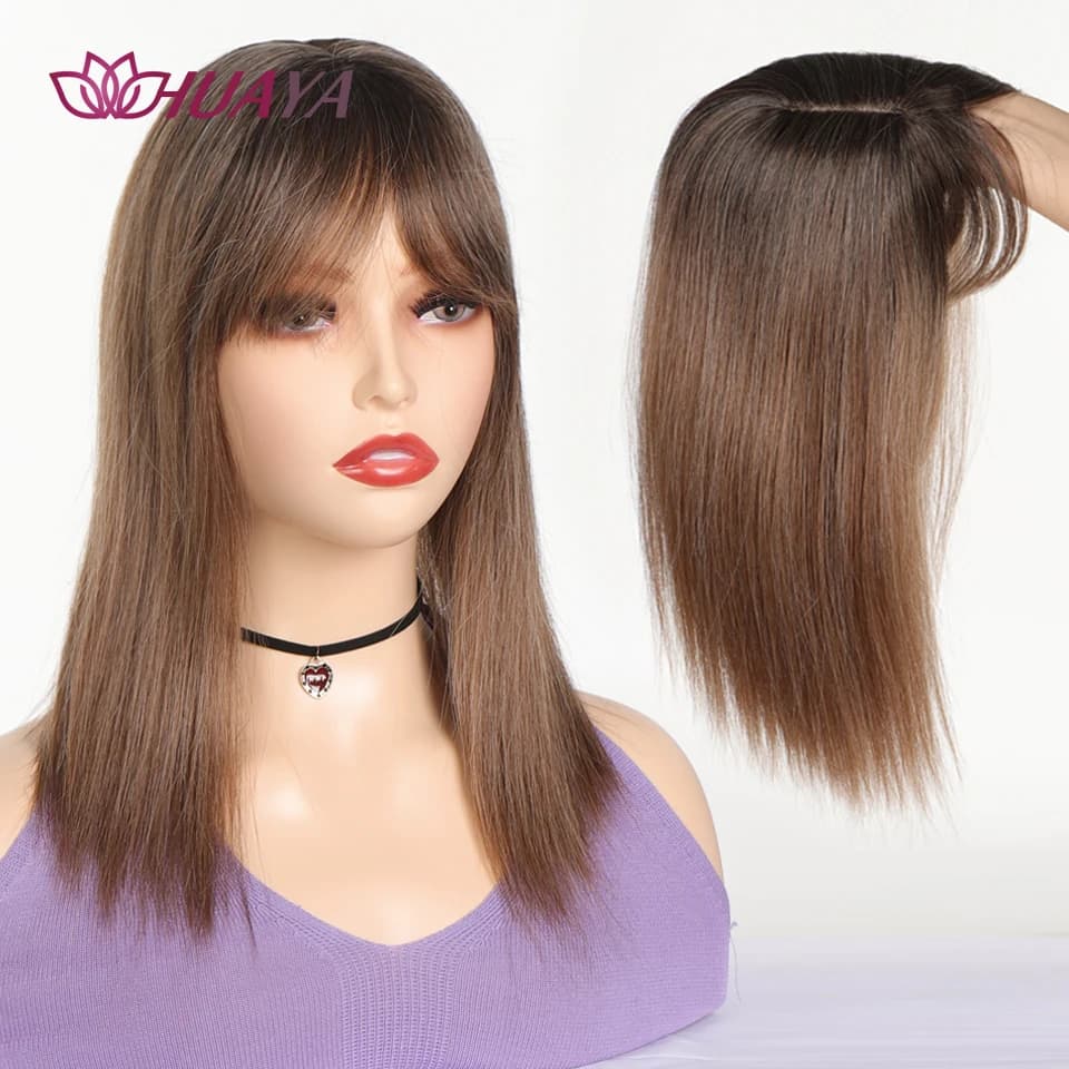 Synthetic Long Straight Topper Wig Clip in Hair Extensions Natural Fluffy Head Top Fake Hair Piece with Bang Clip Black Brown