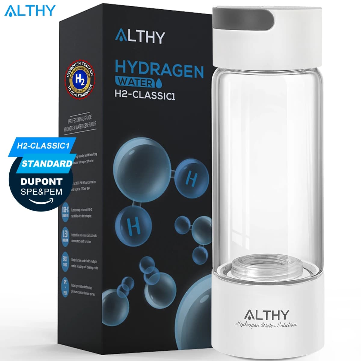 ALTHY Hydrogen Rich Water Generator Bottle Cup - DuPont SPE PEM Dual Chamber Maker lonizer - H2 Inhalation device