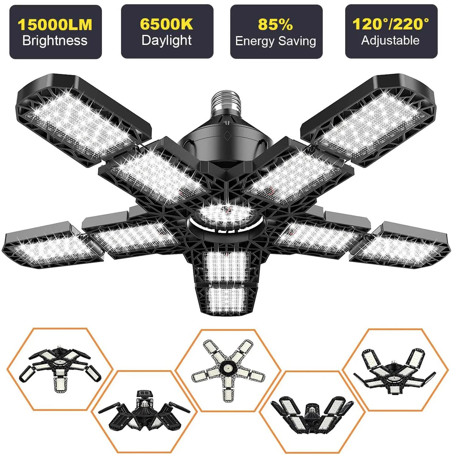 LED Garage Lights with 7/10+1 Adjustable Panels E26/E27 Ceiling Shop Work Lamp 150W 6500K Bulb for Workshop Industrial Lighting