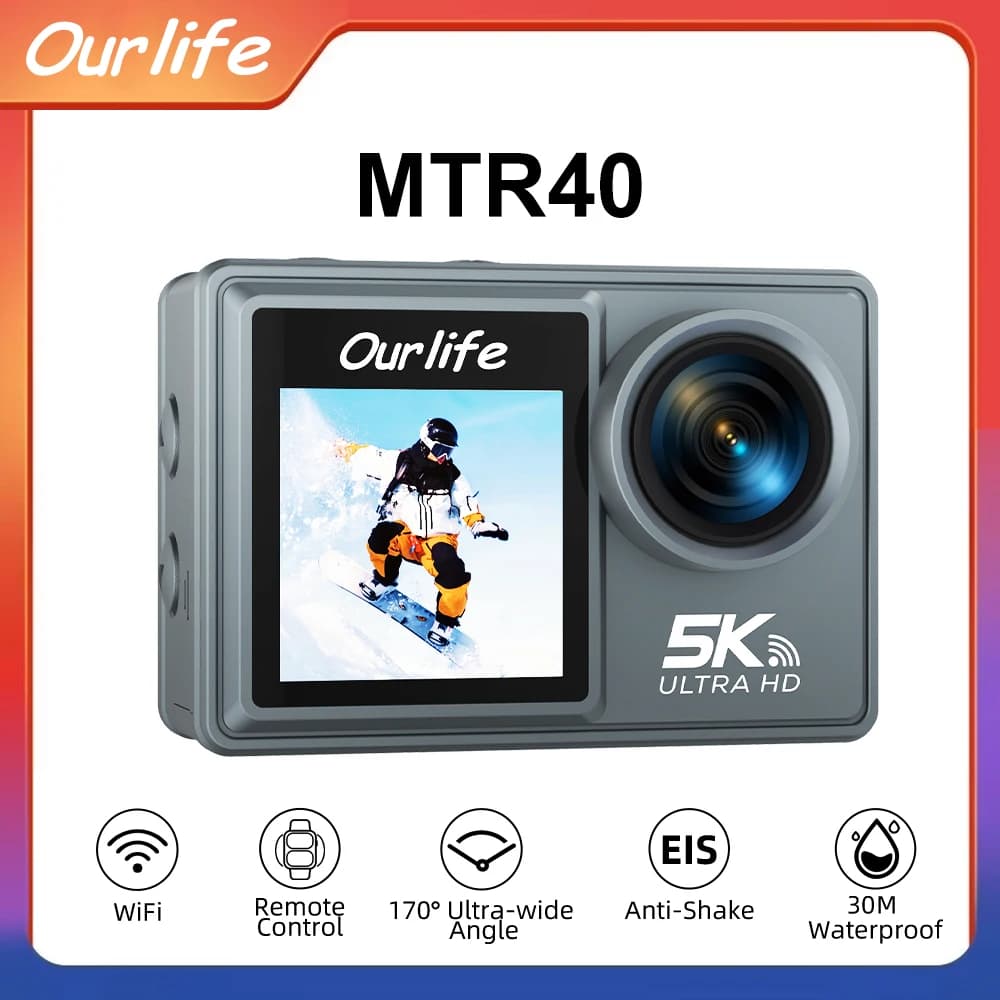 Ourlife MTR40 5K Action Camera 2.0" IPS Touch Screen 5X Zoom Action Cam WiFi EIS 170° 30M Waterproof Professional Sports Camera