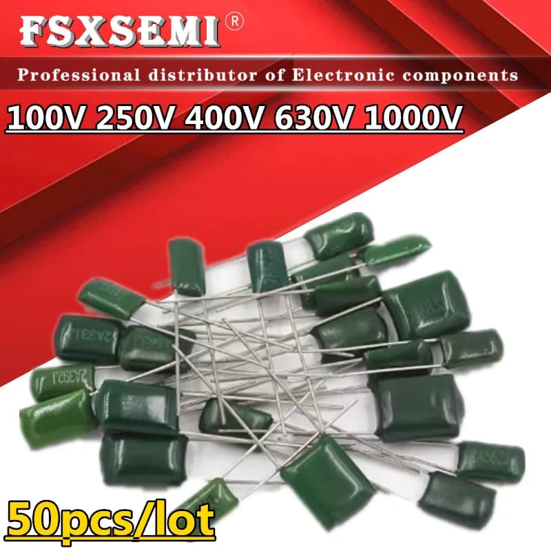 50pcs 100V 250V 400V 630V 1000V Polyester film capacitor 1NF 10NF 22NF 47NF 100NF 2A103J 2J473J 2E104J 2G333J 3A222J 2A104J