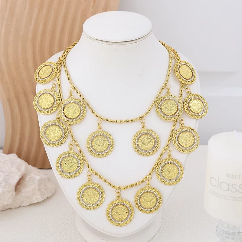 XRBELT Turkish Long Necklace Coins Double Chains Gold Plated With Rhinestone Arabic Muslim Wedding Party Valentines' Day Gift