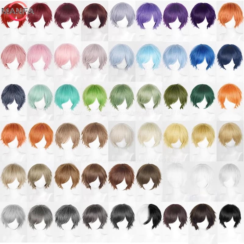 Anime 30cm Short Straight Cosplay Wig Black White Green Brown Purple Blue Gray Red Gold Man Women Heat Resistant Synthetic Hair
