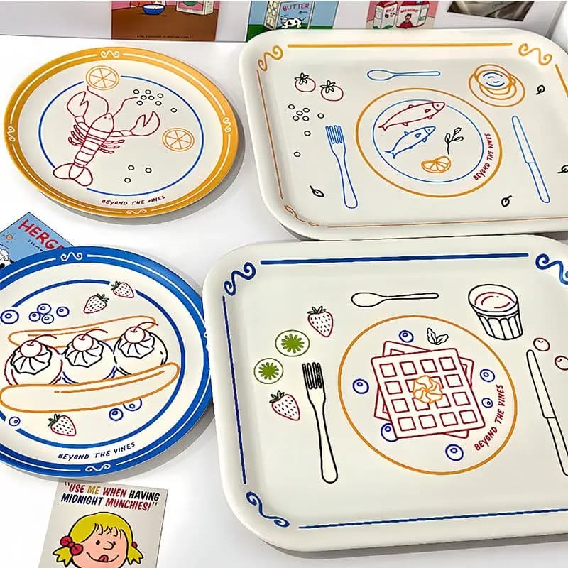 Ins Original Square Tray Cartoon Graffiti Pattern Dining Plate Drop Resistant Food Contact Tray Snacks Dried Fruits Dessert Tray