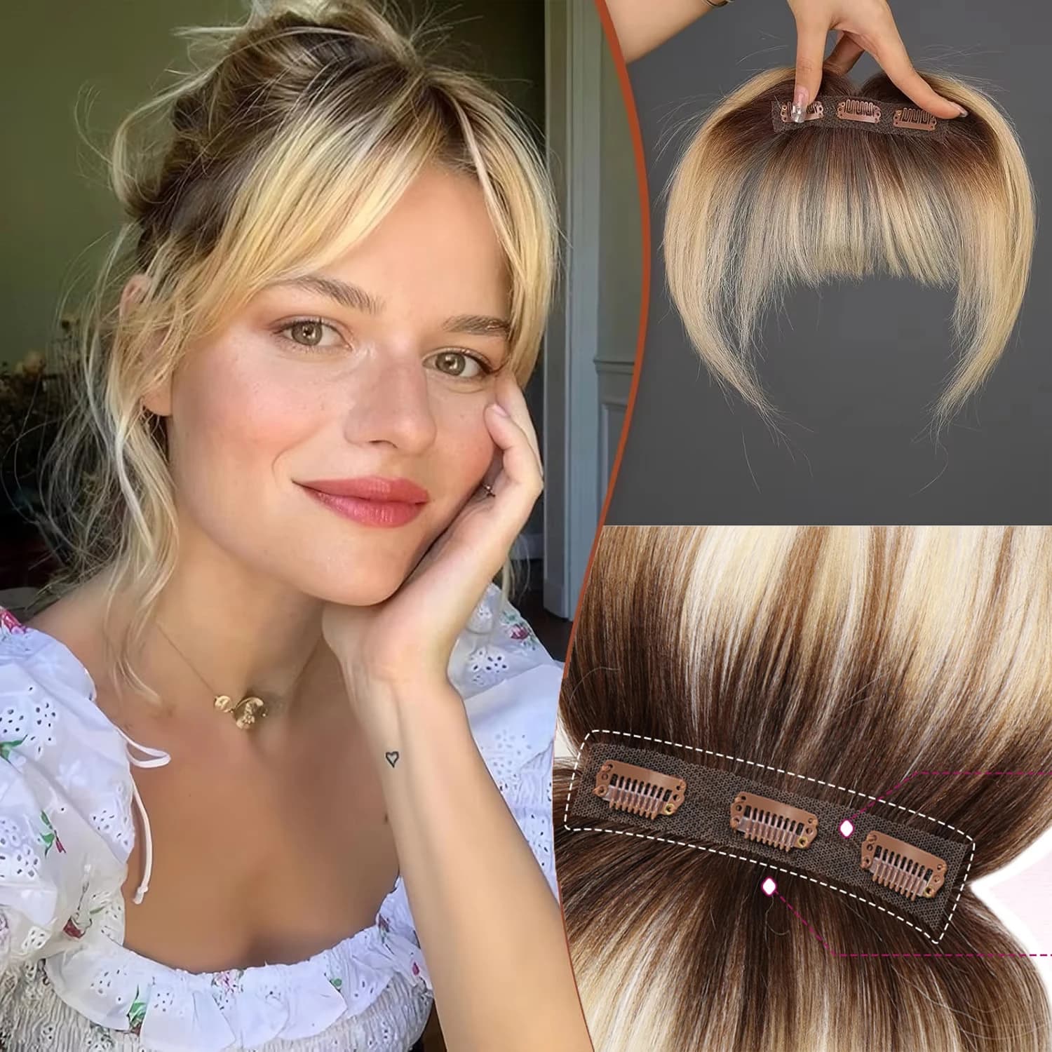 Ombre Light Blonde Clip in Bangs 100% Real Human Hair Bangs Wispy Bangs Hair Pieces 3 Secure Clips in Full Fringe Fake Bangs