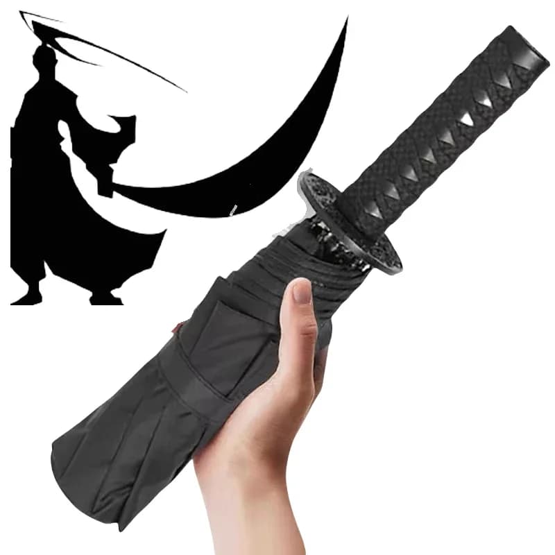 Samurai Swrod Umbrella UV Block Windproof Black Parasol Japanese Katana Handle Ninja Knife Umbrella Folding Demon Slayer Parasol