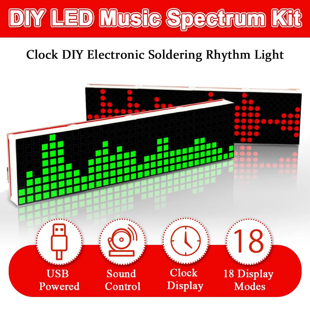 DIY LED Music Spectrum DS1302 Dot Matrix Clock Electronic Rhythm Light USB Power DC5V with Micro Cable DIY Soldering Kit