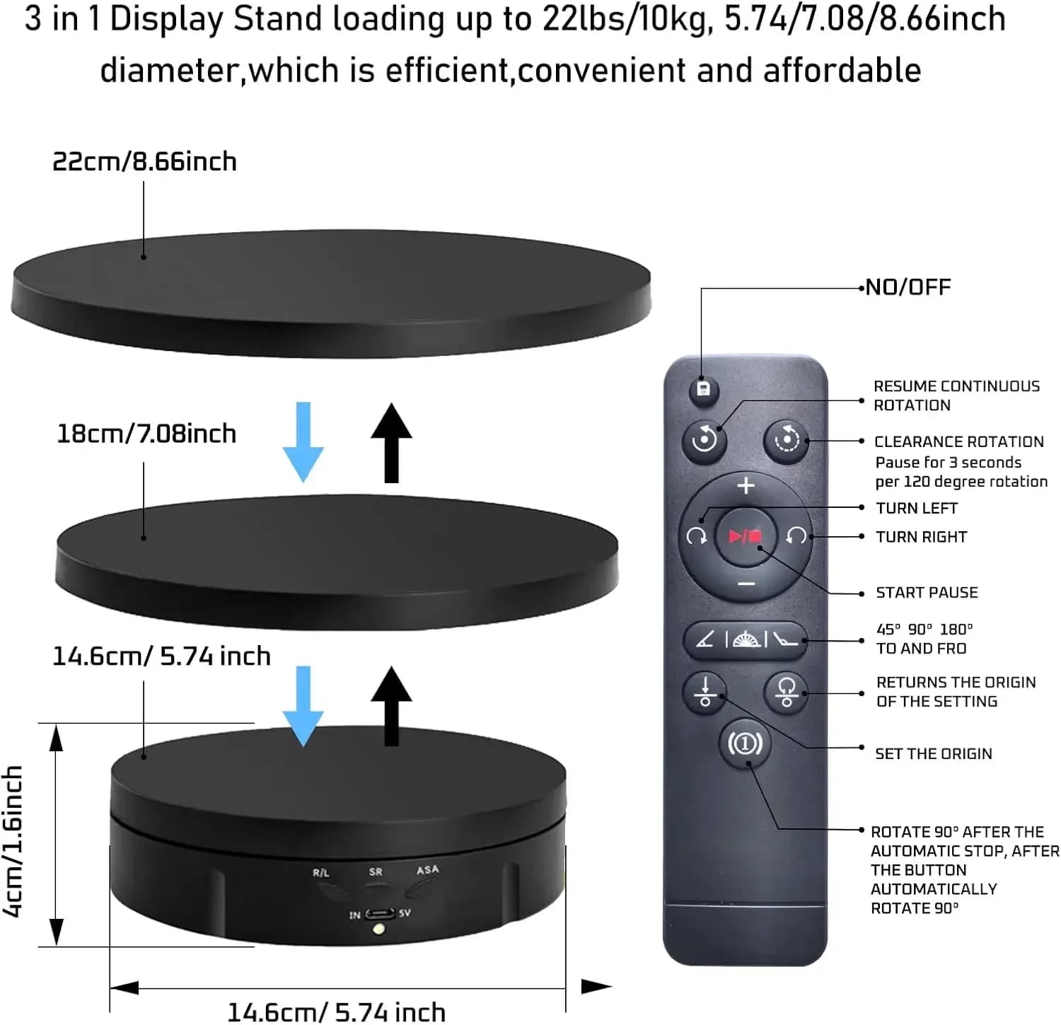 3 in1 Motorized Rotating Display Stand Replacement Cover 360 Electronic Turntable for Photography Products (Remote Controller)