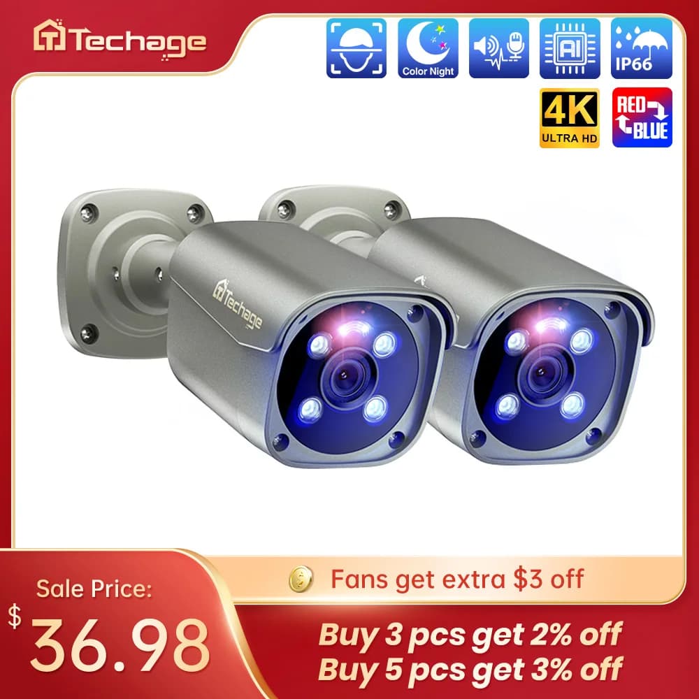 Techage 8MP Security POE Camera Ultra HD 4K Smart AI Face Detection IP Camera P2P Audio Record Surveillance Color Night Vision