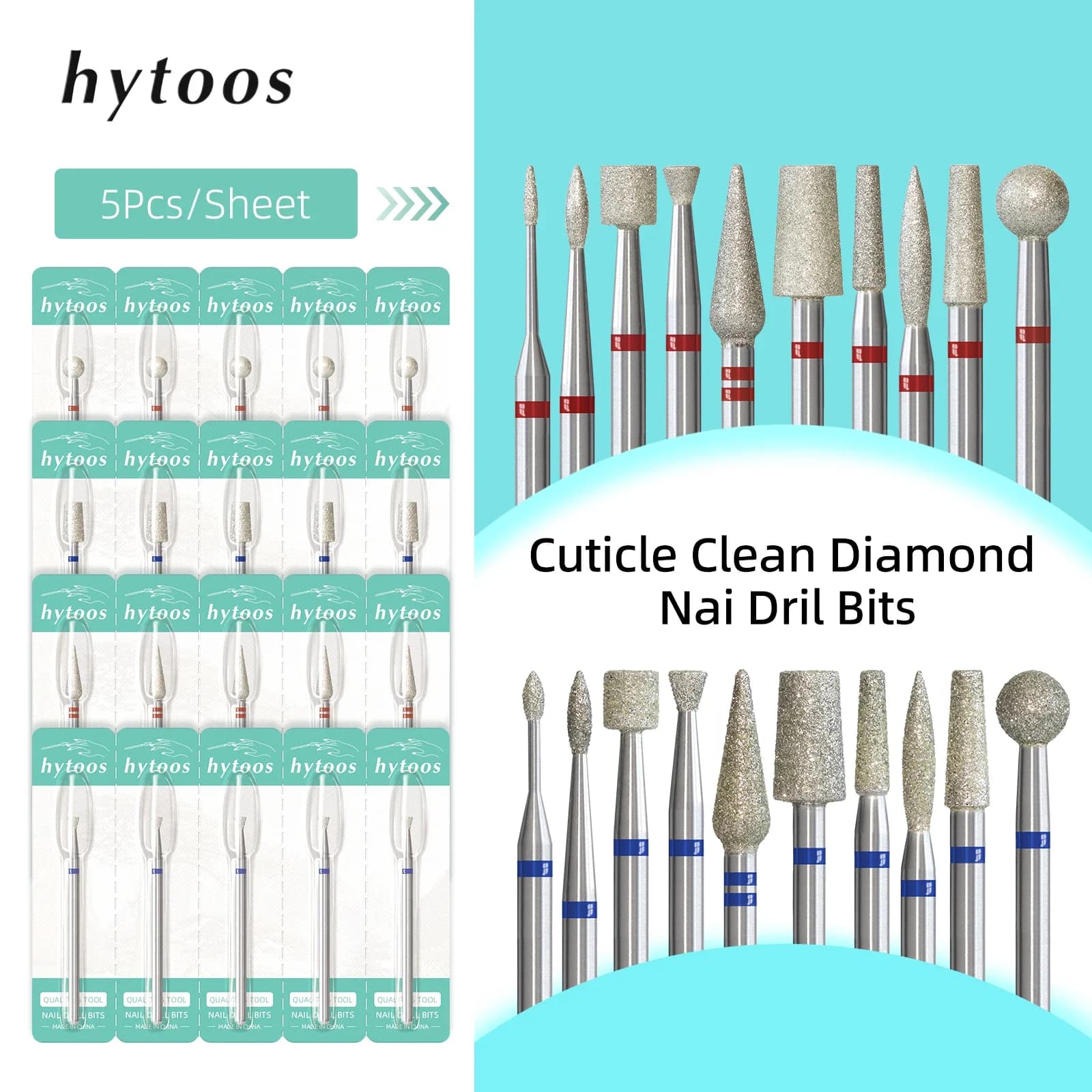 HYTOOS 5Pcs/Set Diamond Nail Drill Bits Russian Cuticle Clean Nail Bit Professional Safety Under Nail Cleaner for Dead Skin
