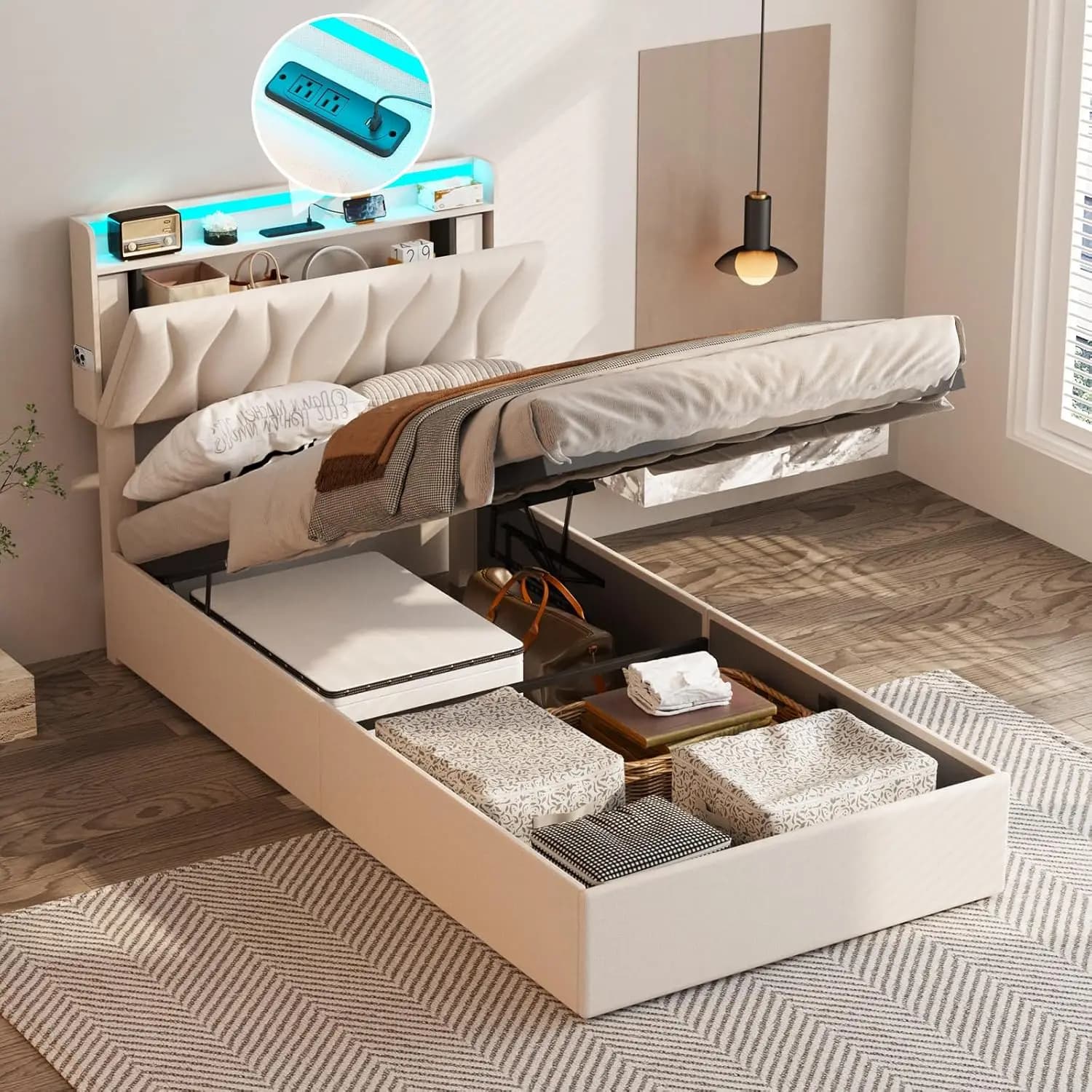 Vabches Lift Up Twin Size Bed Frame with Storage Headboard Upholstered Platform Bed Frame w Charging Station&LED Light Bedroom