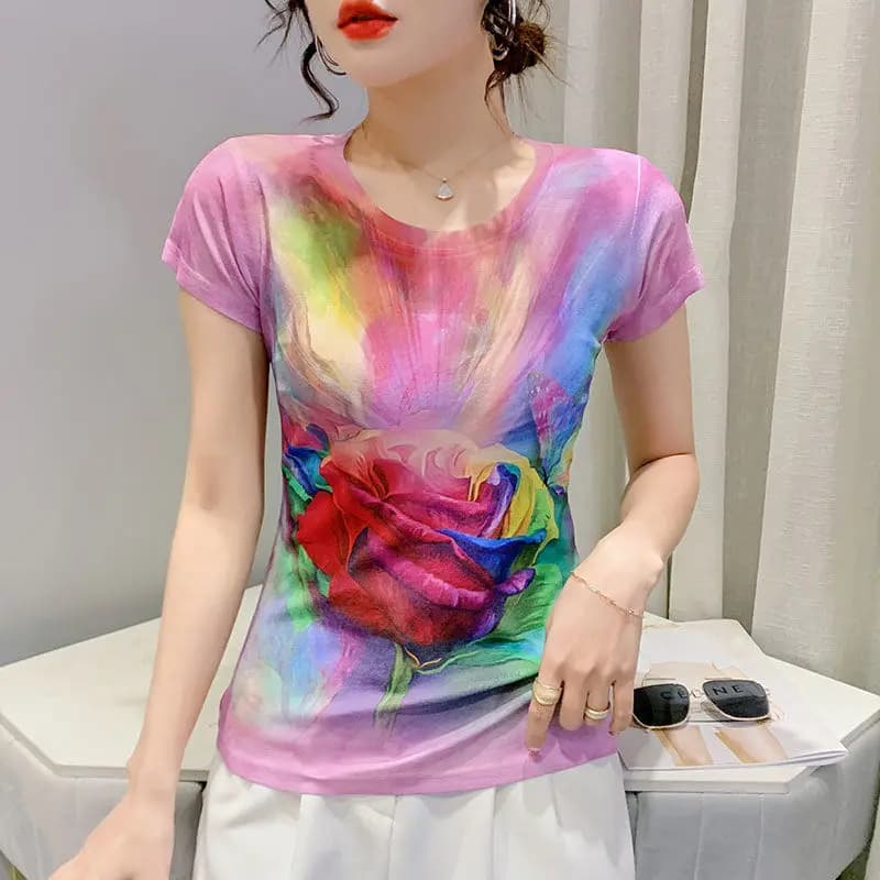 Women's Clothing Summer New Fashion Commuter Geometric Printed Tie Dye Round Neck Short Sleeve Slim All-match Chic T-shirts Tops