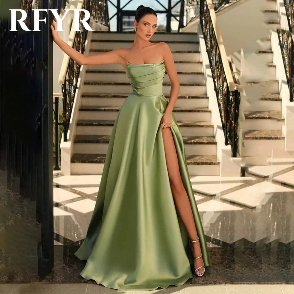 RFYR Simple Green Evening Dress for Party Satin Sleeveless Pleats Prom Gowns High Split Scoop A-Line Celebrity Dress Customized