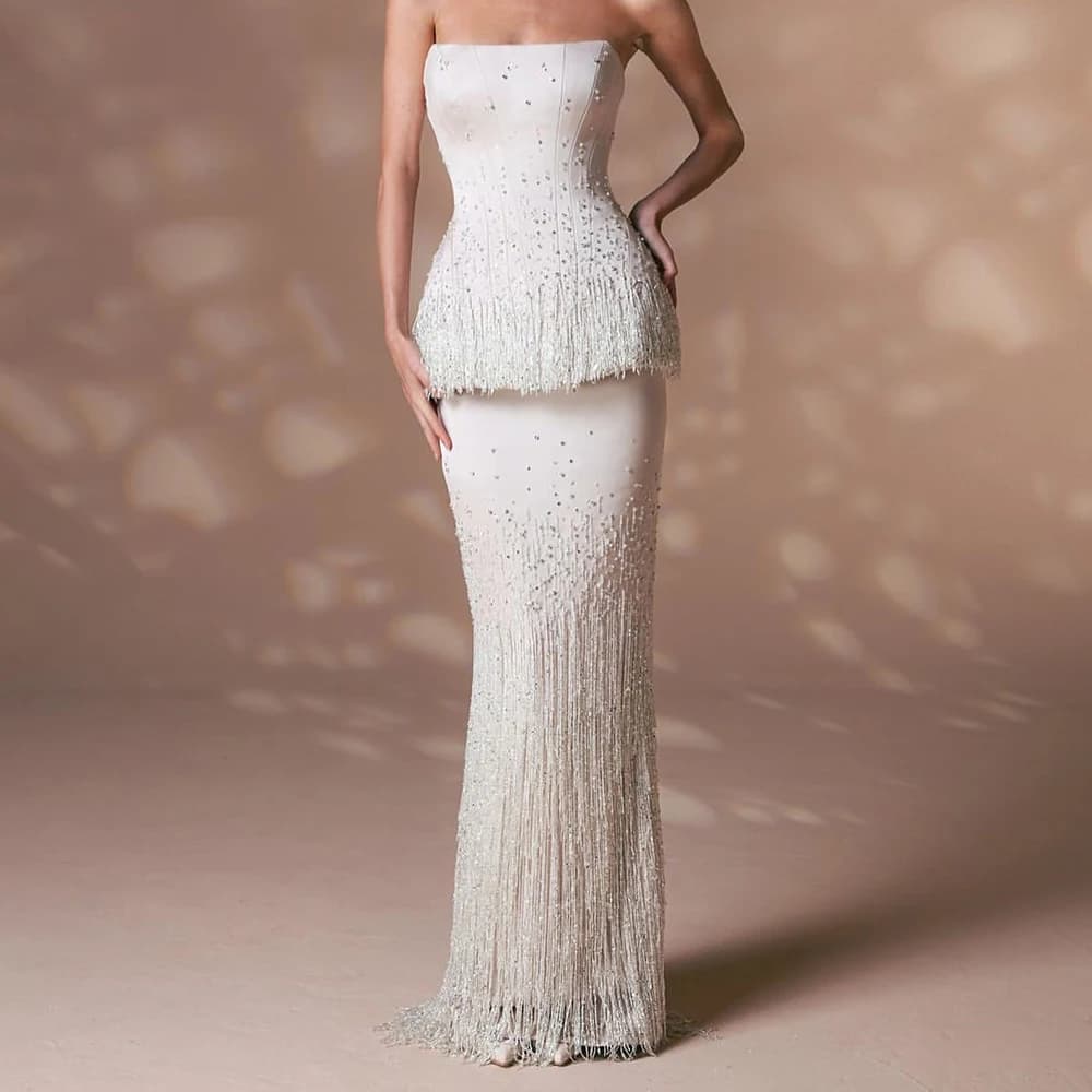 Customized Exquisite Crystal and Tassel Evening Dress Formal Sweep Train Back Slit Lace Up Back Strapless Sleeveless P