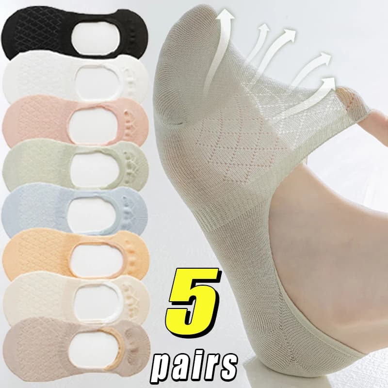 5Pairs Summer Mesh Invisible Socks Women Solid Colors Silicone Non-slip Breathable Comfor Low Cut Ultra-thin No Show Boat Sock