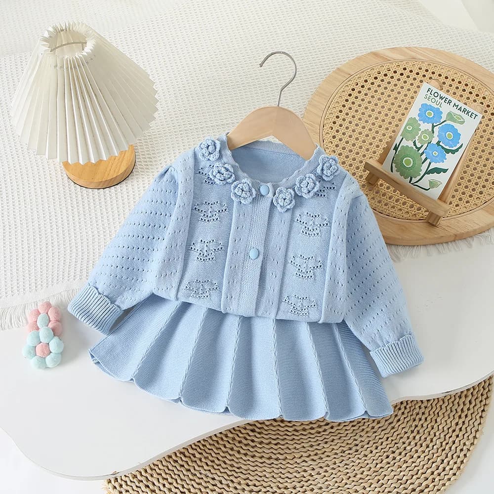 Girls Knitted Clothes Sets Spring Autumn 2024 Children Woolen Jersey Sweaters Skirts 2pcs Dress Suit For Baby Outfits Kids 5 6Y
