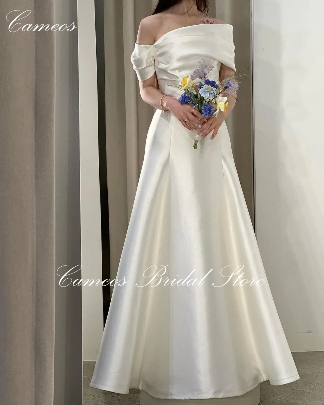 SONDR Korea Off-Shoulder Simple Wedding Dress A-Line Satin Custom Made Formal Bride Dress 웨딩드레스 Customized Wedding Gown Bridal