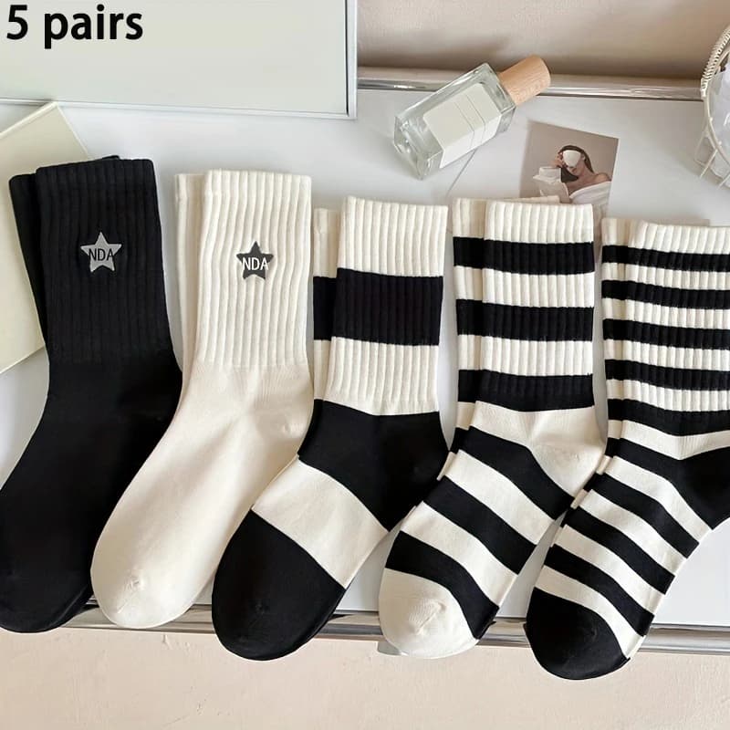 12-10-6-5-4-3-1 Pairs Women's Comfortable Patriotic Mid Calf Socks Cotton Blend, Breathable, Chic Knit Stripe/Star Pattern