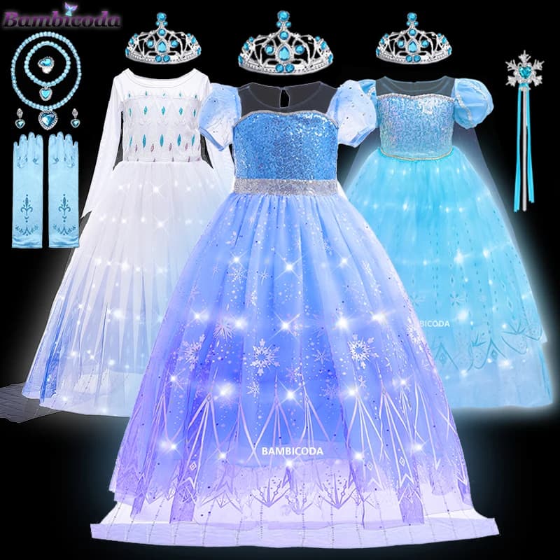 Elza Costume for Girl Birthday Party LED Light Dress up Cloak Carnival Clothing Kids Princess Dress for Girls Kids' dresses