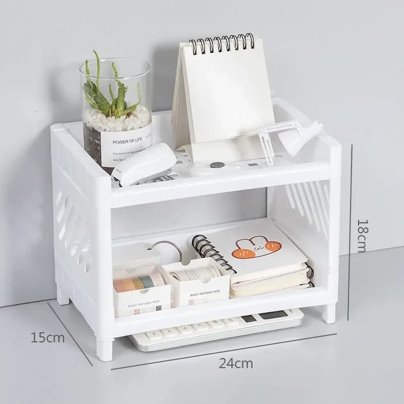 1PC PP Desktop Double Layer Storage Rack Rectangular White Organizing Student Desk Office Cosmetics Stationery