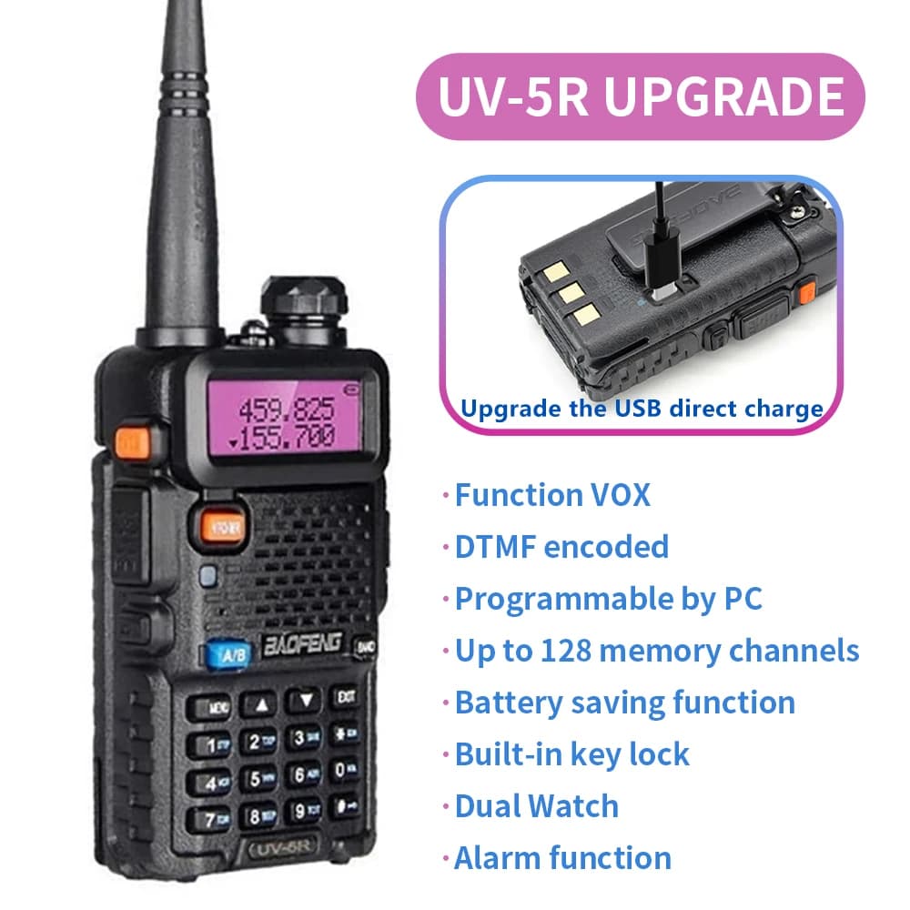 1PC Baofeng High Quality UV-5R Portable Handheld Walkie Talkie 128 Channels 3-5KM Long Range FM Radio Communication USB