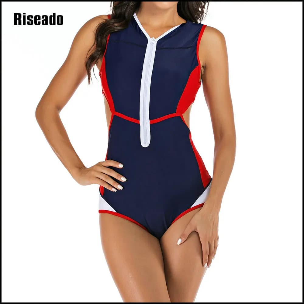 One Piece Sleeveless Swimsuit Athletic Printed Zipper Surfing Sexy Monokini Swimwear Bathing Suit for Women Tummy Contro