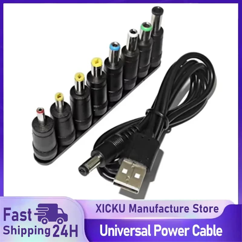 Universal Power Cable USB to DC 5.5 * 2.1mm Jack 5V Charging Cord with 8 Selectable Connector Tips for CCTV Cameras TV Box
