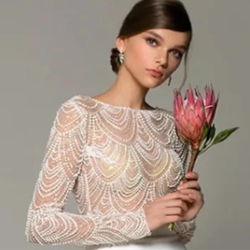 Scoop Neck Wedding Dress Long Sleeves Tops with Beading Lace Bridal Custom Made Gowns