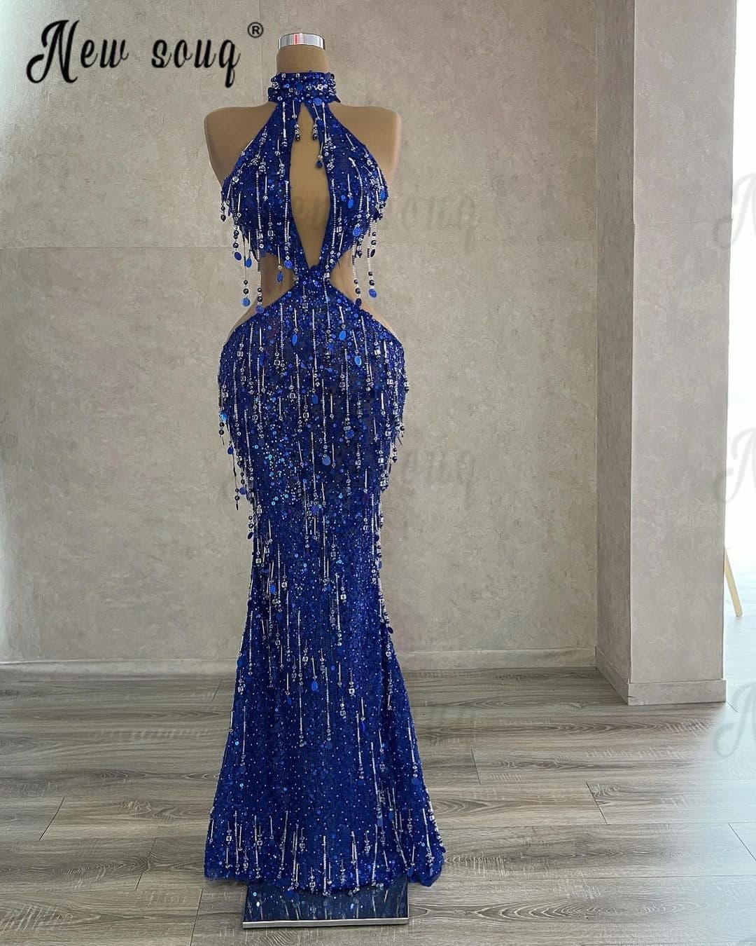 Arabic Royal Blue Evening Dress Halter Women Wedding Party Dress 2024 Beaded Sequin Tassel Long Prom Dresses Backless Custom